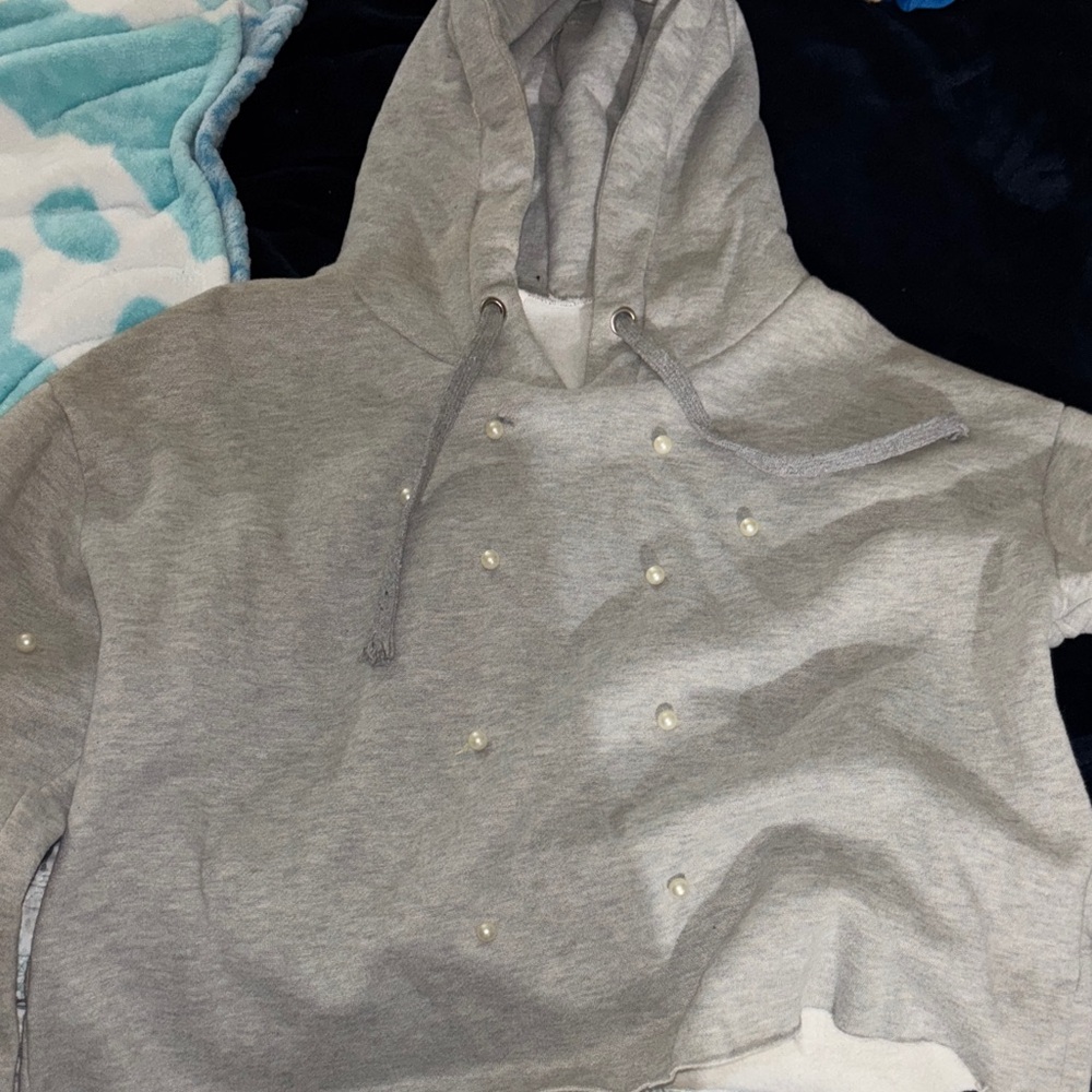 Gray Hoodie Crop with Pearl Accents